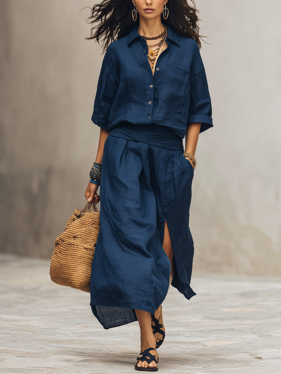 Bohemian Navy Blue Linen Skirt Top