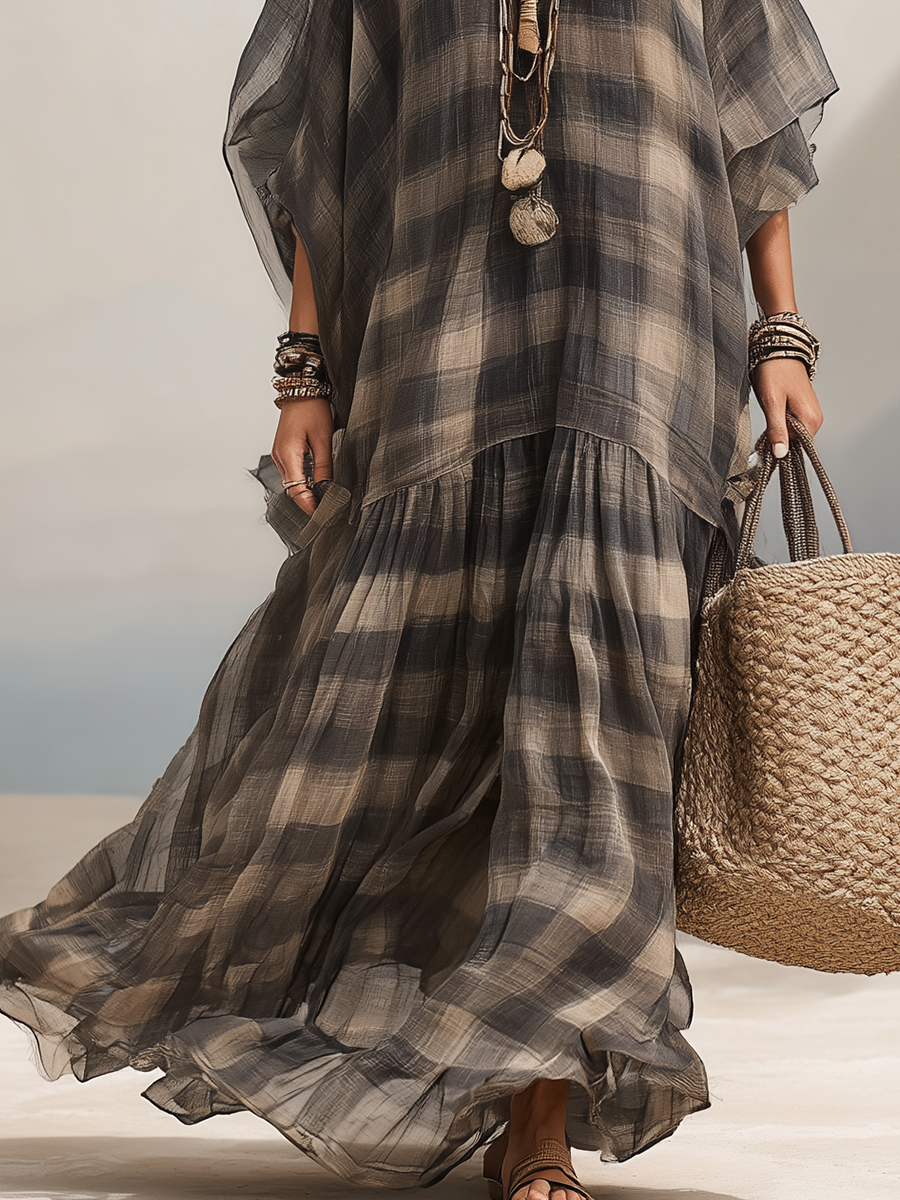 Bohemian Charcoal Gray Plaid Chiffon Maxi Dress