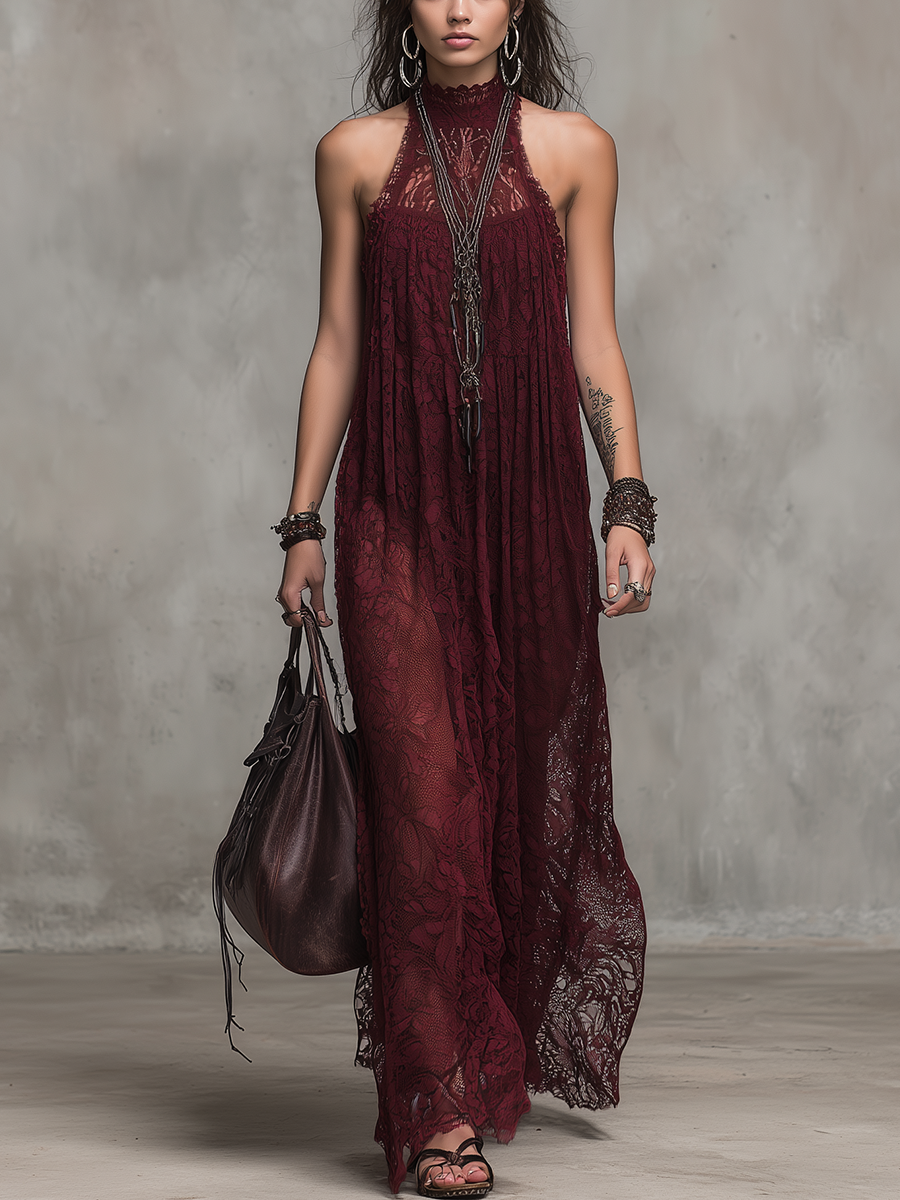 Romantic Wine Red Lace Maxi Dress