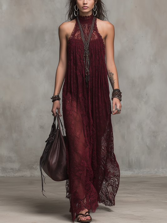 Romantic Wine Red Lace Maxi Dress