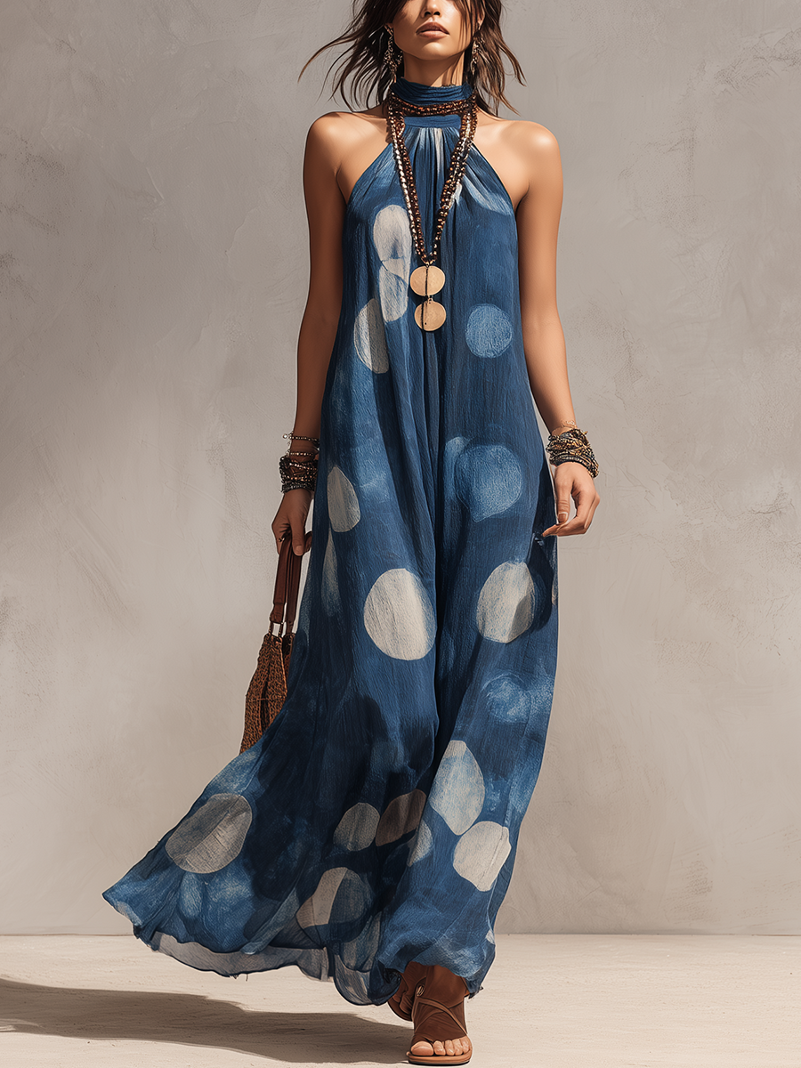 Boho Indigo Polka Dot Halter Dress