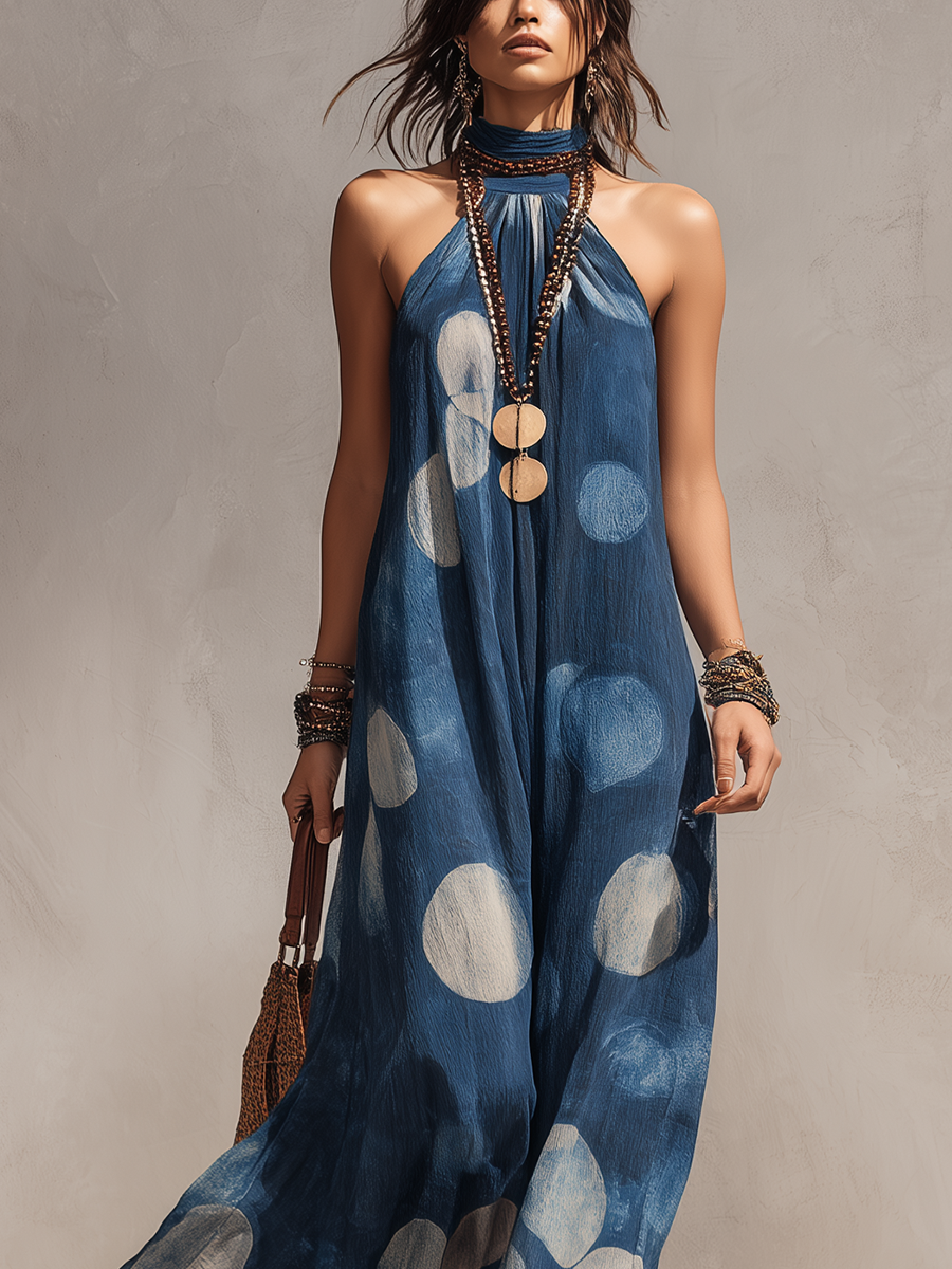 Boho Indigo Polka Dot Halter Dress