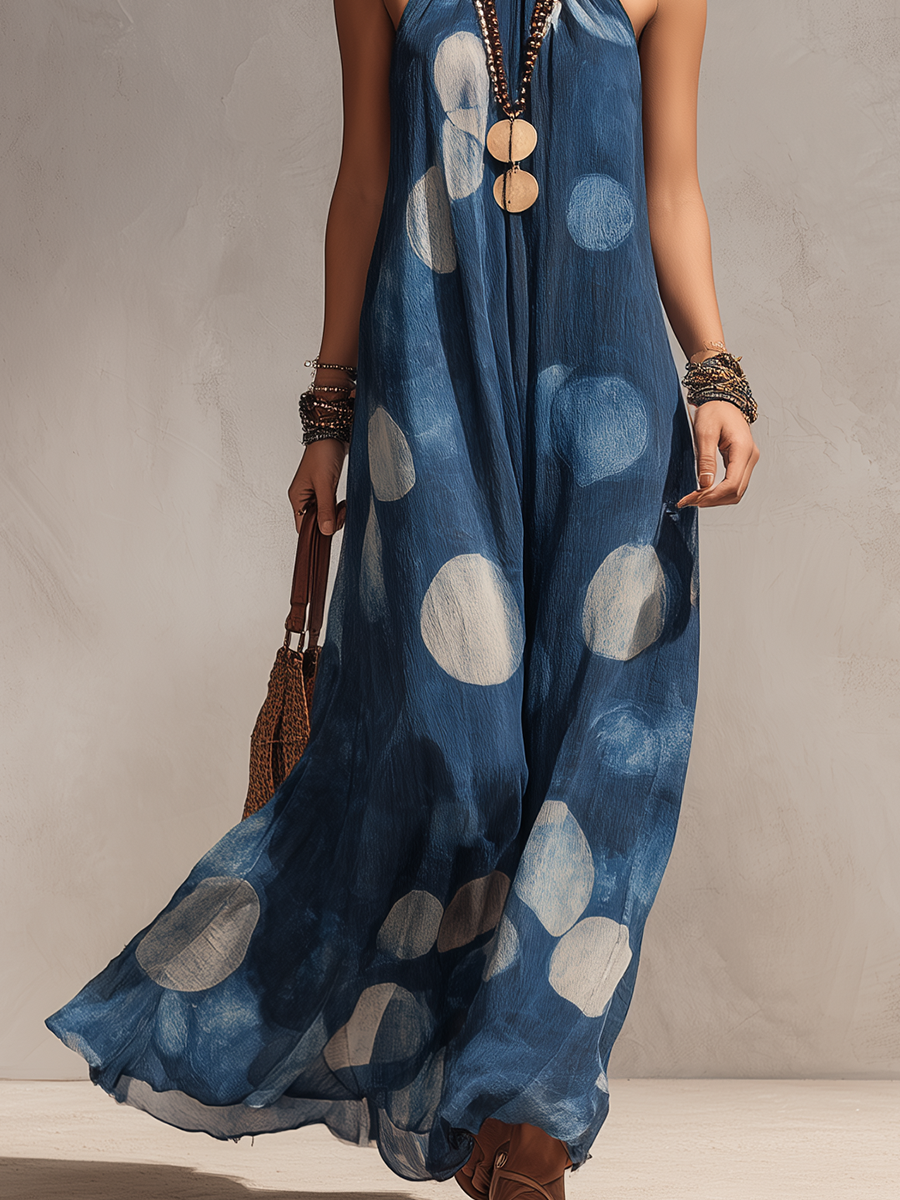 Boho Indigo Polka Dot Halter Dress