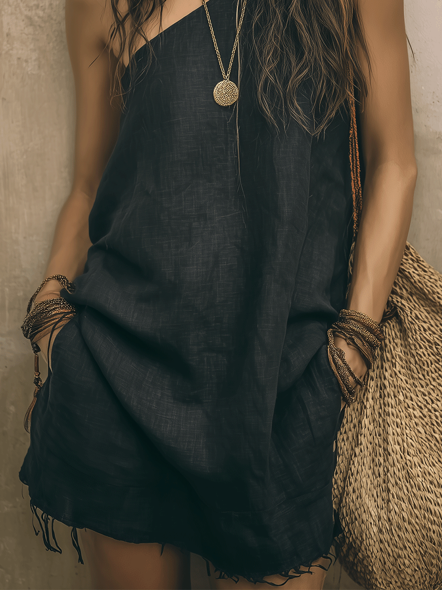 Casual Boho One-Shoulder Black Lightweight Linen Feel Relaxed Fit Raw Hem Mini Dress