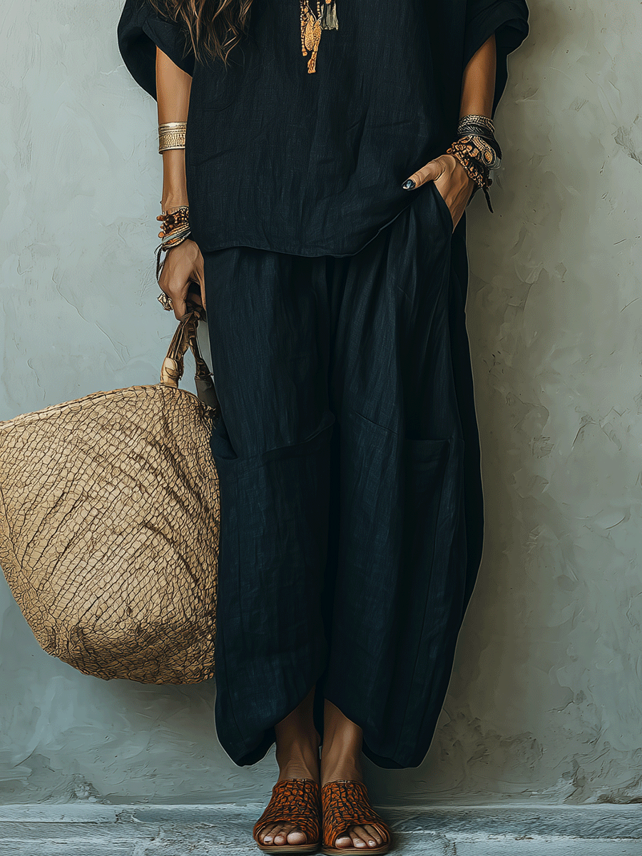 Minimalist Bohemian Oversized Top And Wide-Leg Pants Comfort Set