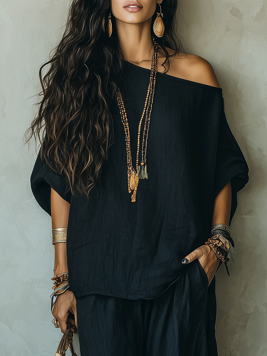 Minimalist Bohemian Oversized Top And Wide-Leg Pants Comfort Set