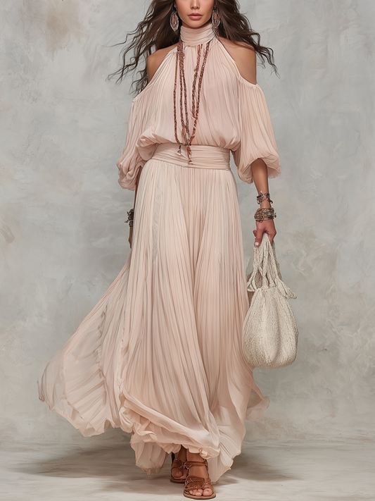 Flowy Light Pink Pleated Off-shoulder Maxi Dress