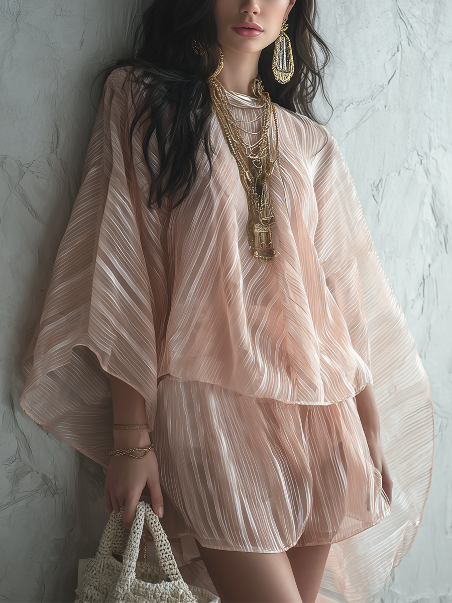 Soft Pink Tulle Batwing Sleeve Shorts Set
