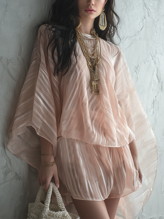 Soft Pink Tulle Batwing Sleeve Shorts Set
