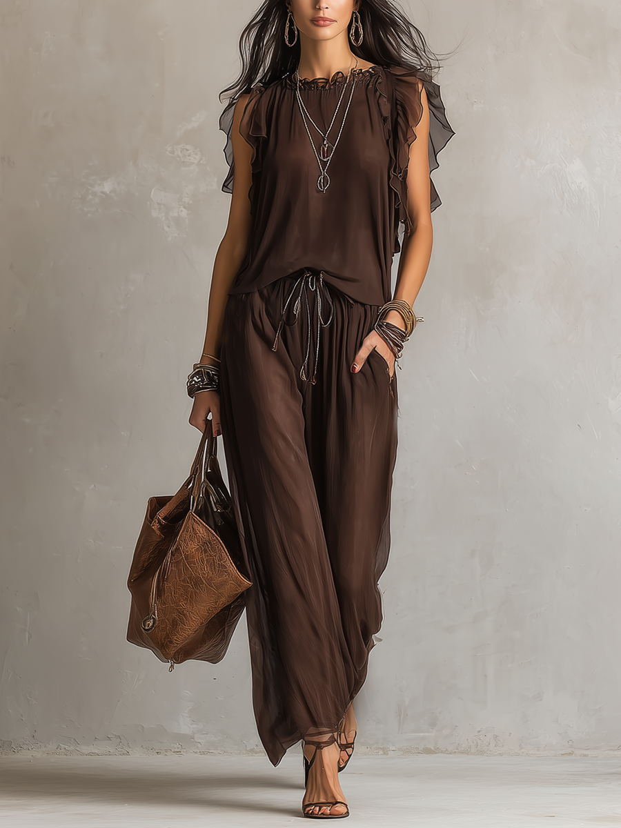 Bohemian Cocoa Colored Tulle Ruffled Suit
