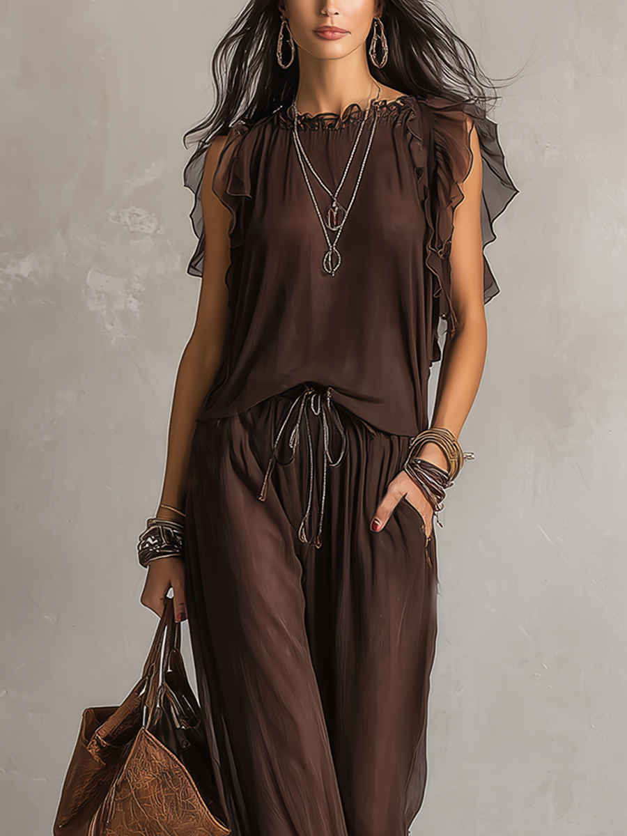 Bohemian Cocoa Colored Tulle Ruffled Suit