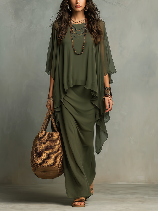 Sophisticated Olive Layered Maxi Dress Set