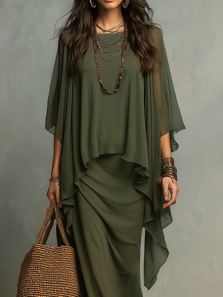 Sophisticated Olive Layered Maxi Dress Set