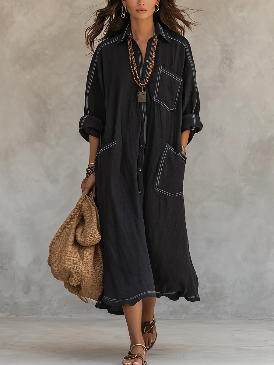 Relaxed Black Contrast Stitch Shirt Dress