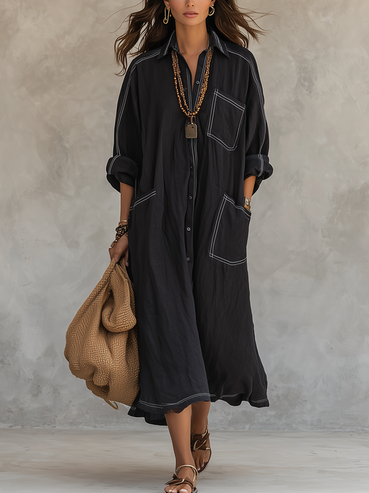 Relaxed Black Contrast Stitch Shirt Dress