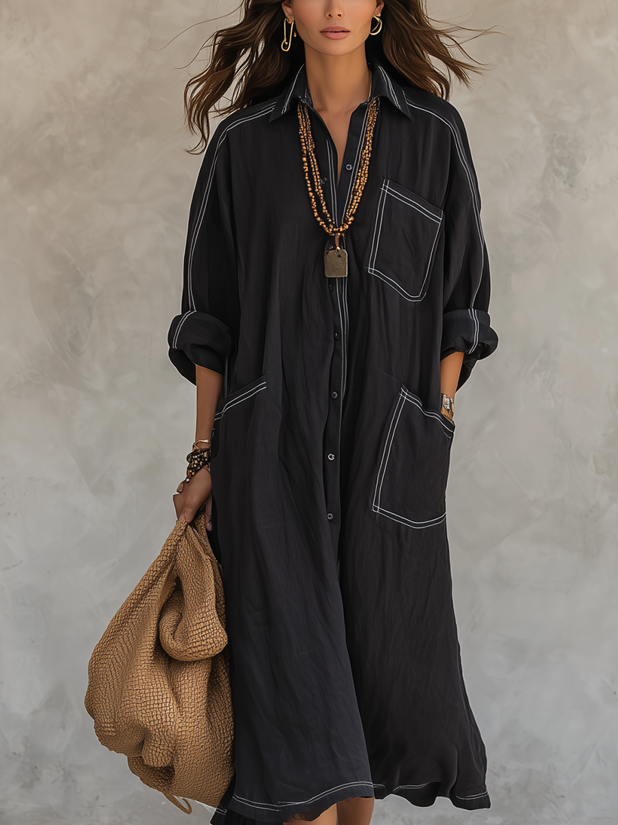 Relaxed Black Contrast Stitch Shirt Dress