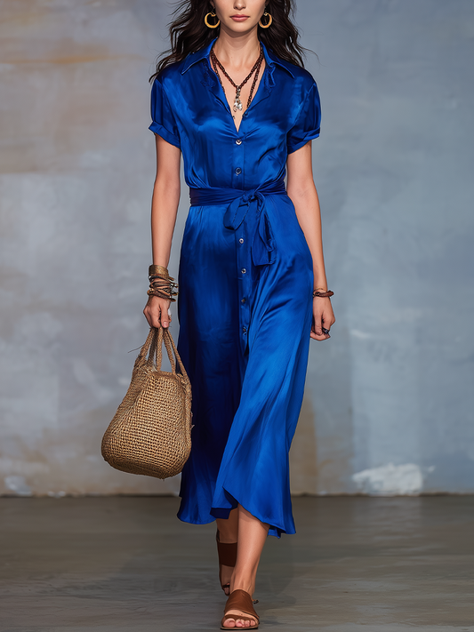 Elegant Royal Blue Satin Shirt Dress