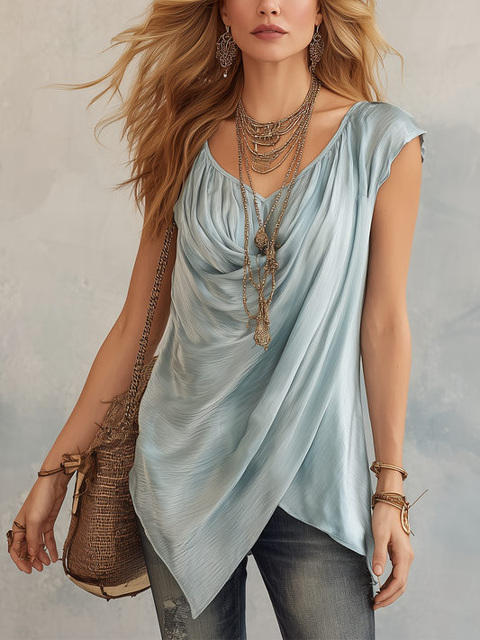 Sky Blue Draped Asymmetrical Boho Blouse