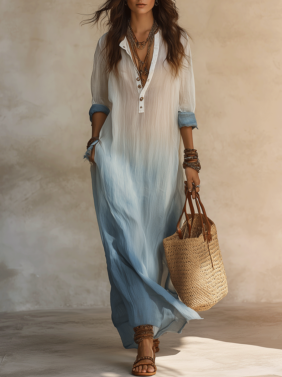 Boho Ombre Henley Neck Relaxed Fit Flowy Maxi Dress