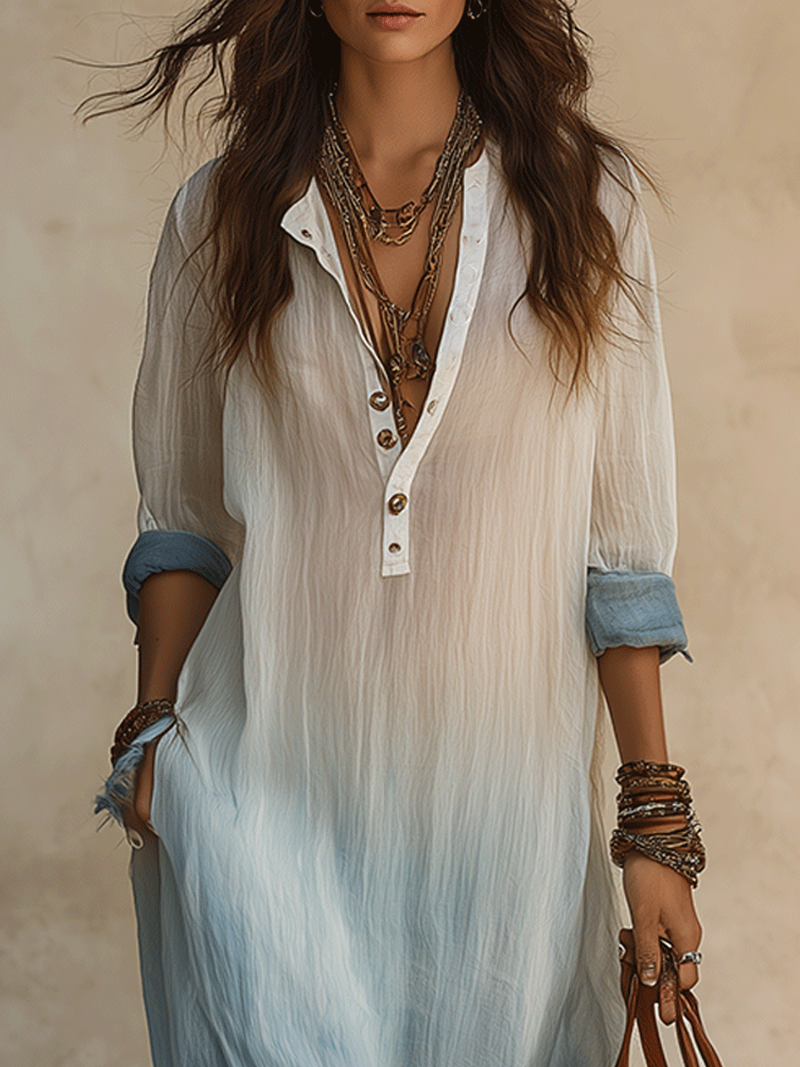 Boho Ombre Henley Neck Relaxed Fit Flowy Maxi Dress