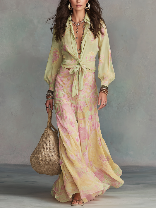 Romantic Sage Floral Tie-Front Skirt Set