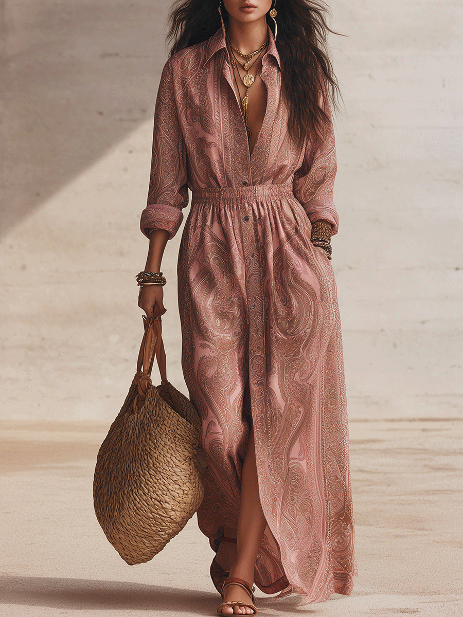 Romantic Bohemian-Style In Soft Pink Cotton Floral Print Maxi Dress