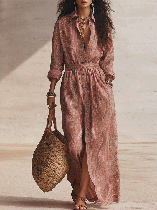 Romantic Bohemian-Style In Soft Pink Cotton Floral Print Maxi Dress