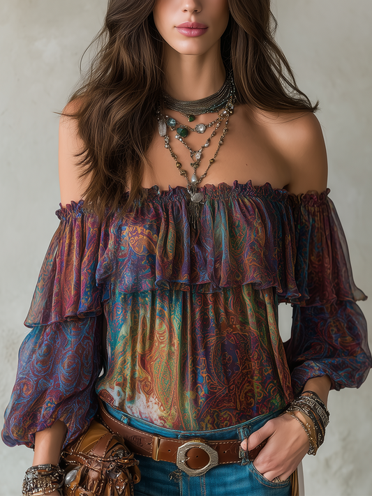 Opulent Midnight Paisley Off Shoulder Boho Blouse