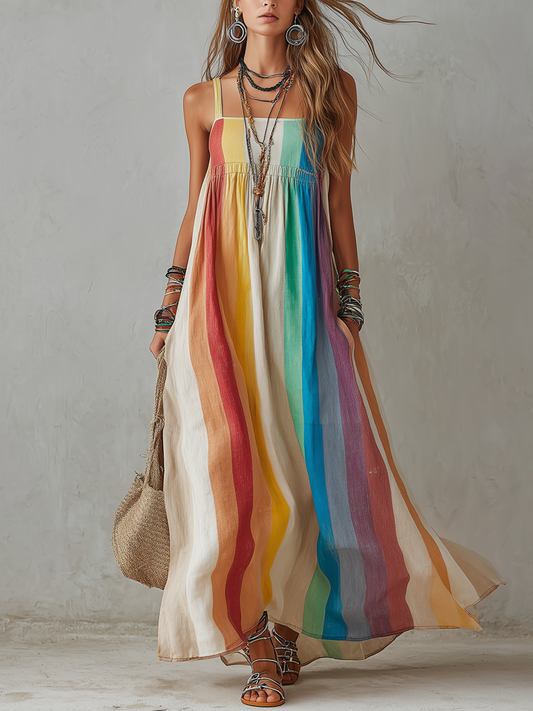 Bohemian Sunset Rainbow Striped Maxi Dress