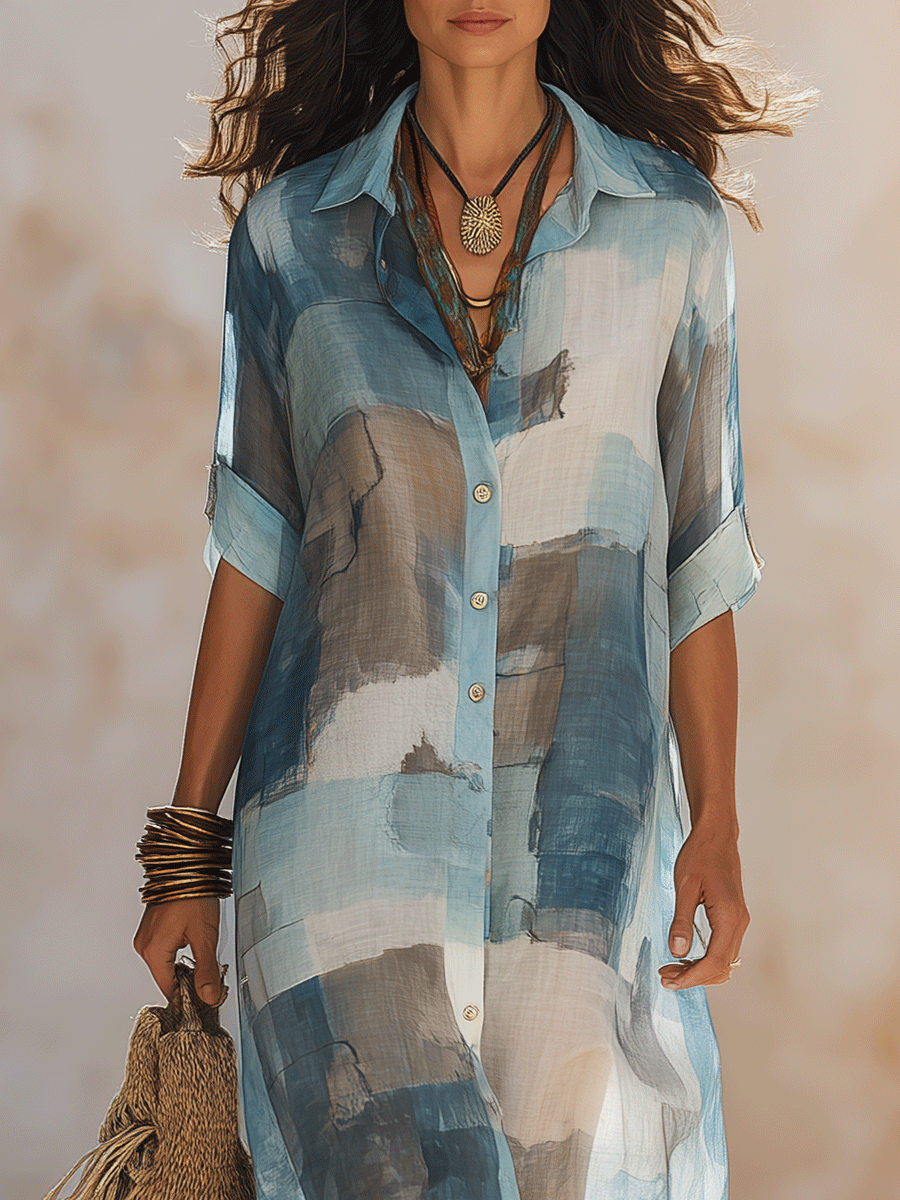 Effortless Boho Abstract Print Sheer Button-Front Flowy Maxi Shirt Dress