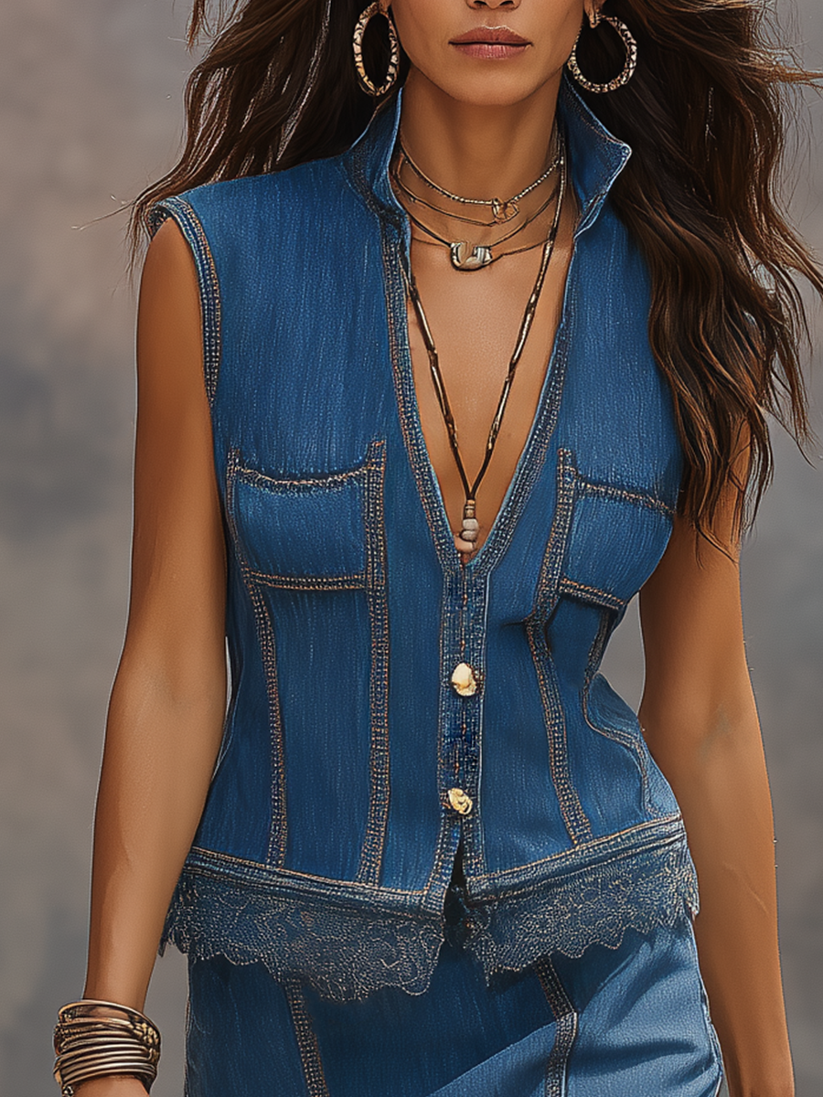 Sophisticated Denim Sleeveless Vest & Midi Skirt Set