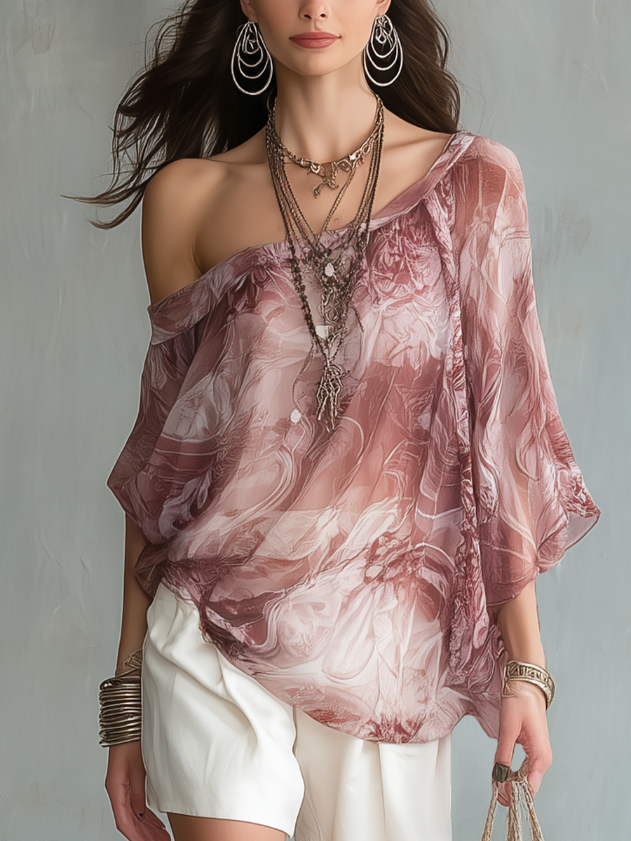 Graceful Rose Marble Print Off-Shoulder Blouse