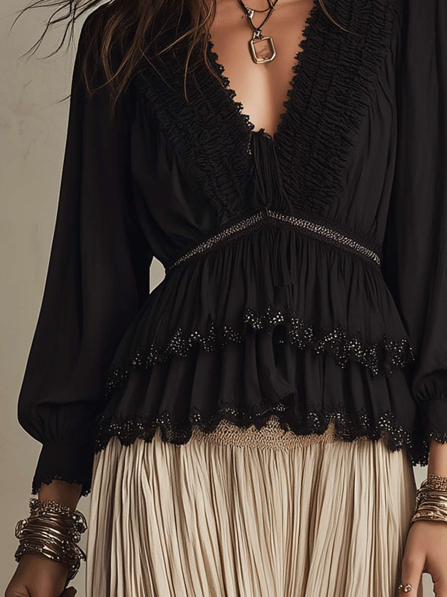Effortless Romantic Vacation Black And Cream Skirt Set