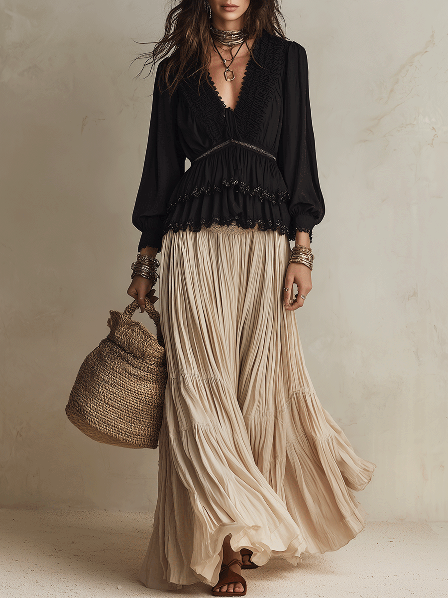 Effortless Romantic Vacation Black And Cream Skirt Set