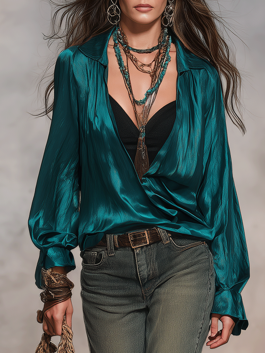 Effortless Luxe Vacation Jewel Tone Satin Blouse