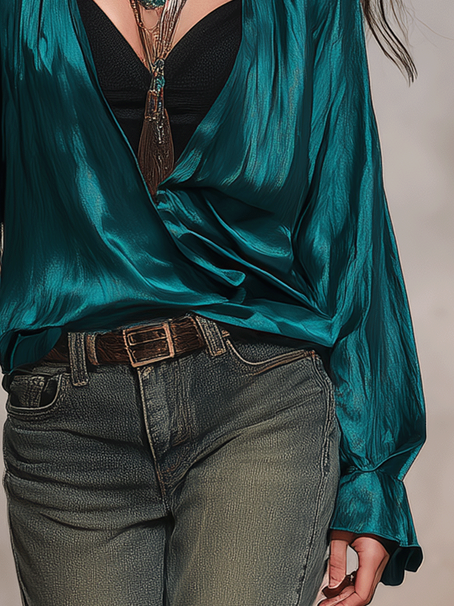 Effortless Luxe Vacation Jewel Tone Satin Blouse