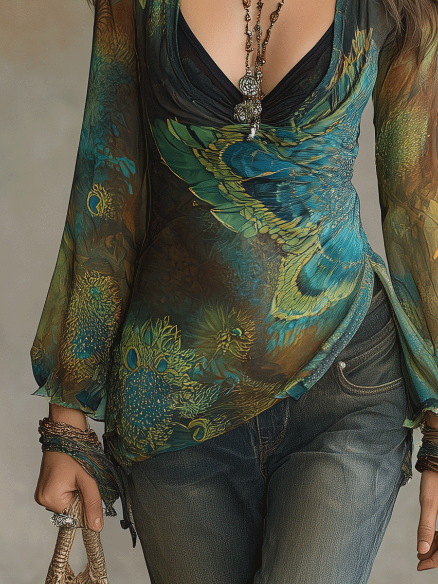 Bohemian Peacock Print Resort Emerald Blue Wrap Blouse
