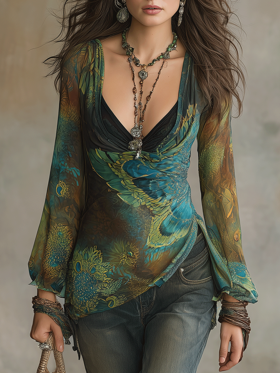 Bohemian Peacock Print Resort Emerald Blue Wrap Blouse