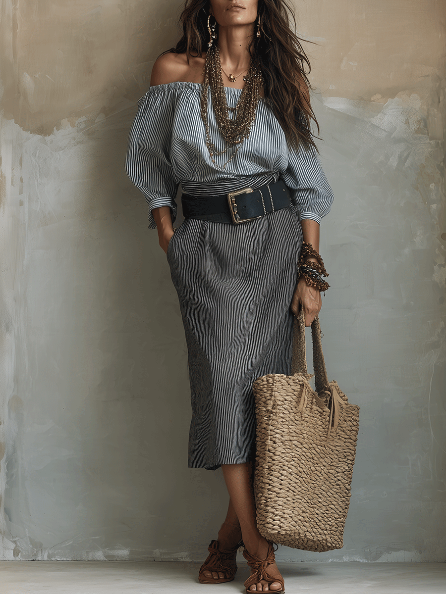 Bohemian-Style Textured Striped Off-Shoulder Top & Midi Skirt Set