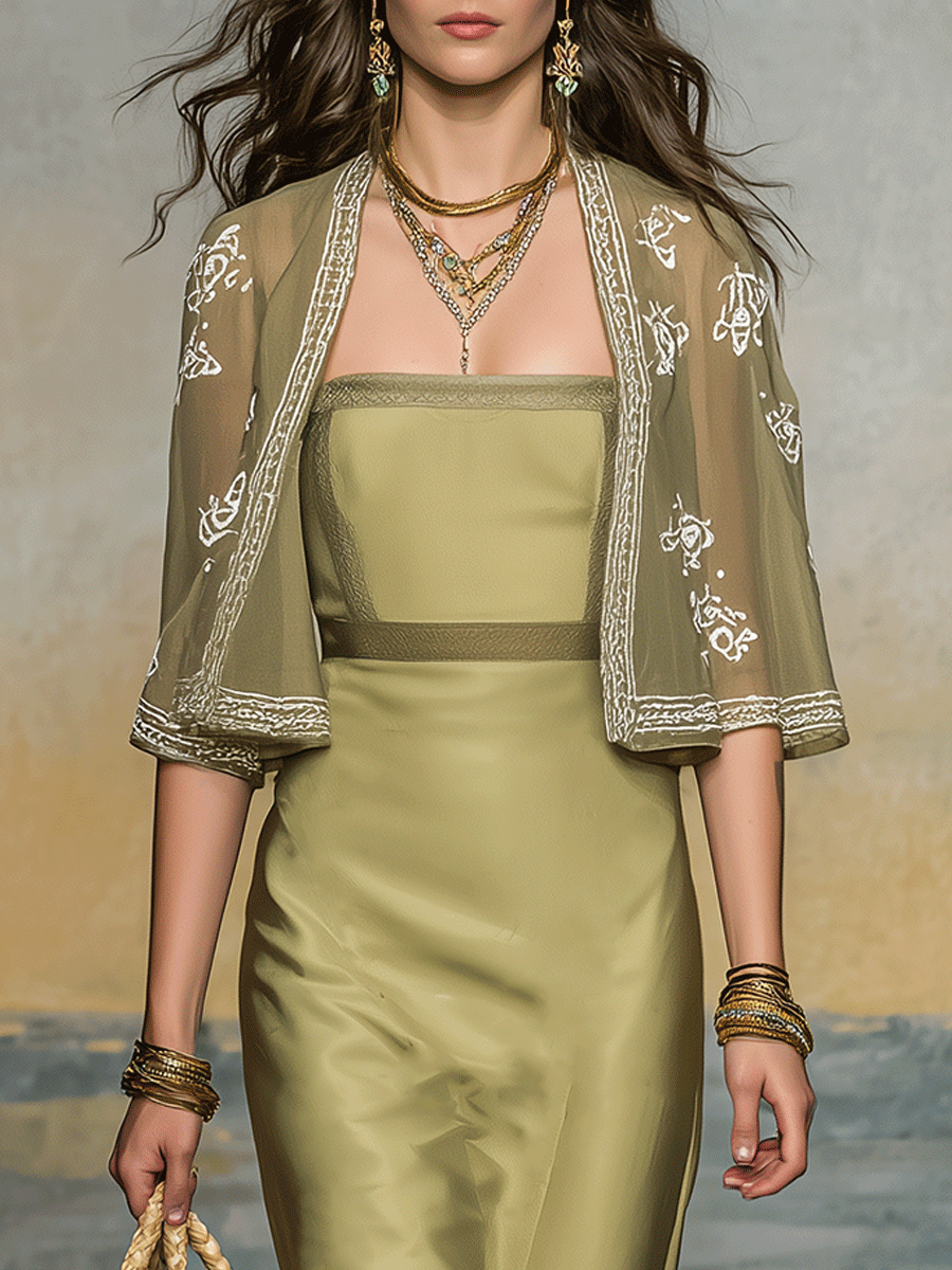 Elegant Olive Green Satin Maxi Dress And Embroidered Cardigan Two-Piece Set