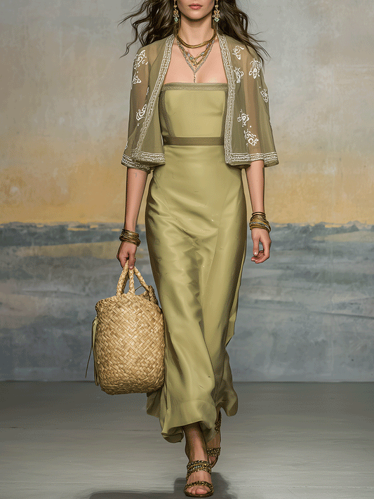 Elegant Olive Green Satin Maxi Dress And Embroidered Cardigan Two-Piece Set