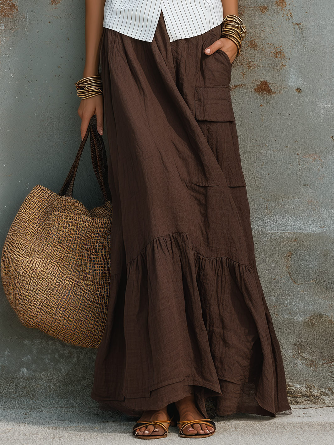 Vacation-Style White Cotton-Linen Sleeveless H-Line Maxi Dress