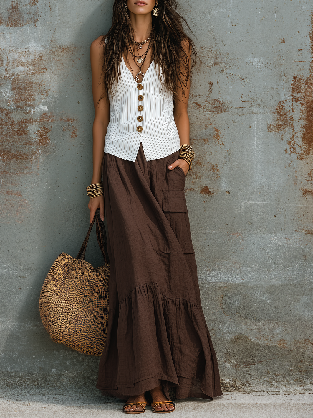 Vacation-Style White Cotton-Linen Sleeveless H-Line Maxi Dress