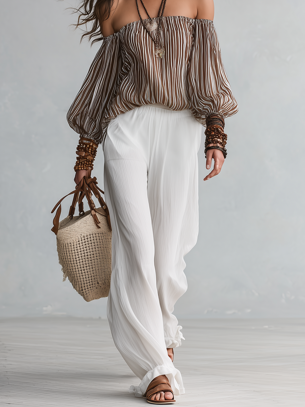 Bohemian Stripe Off-Shoulder Blouse & Wide-Leg Pants Set