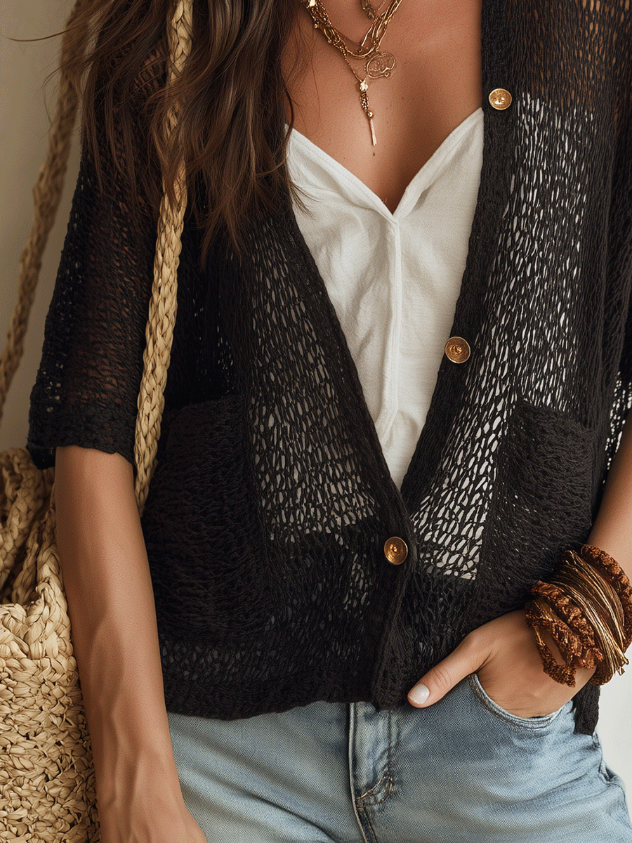 Bohemian Open-Knit Resort Midnight Black Cardigan