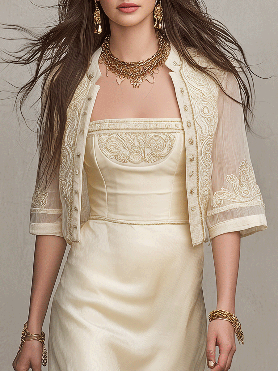 Elegant Embroidered Resort Ivory Satin Maxi Dress Set