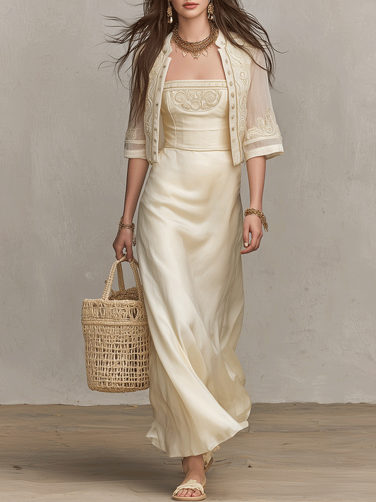 Elegant Embroidered Resort Ivory Satin Maxi Dress Set