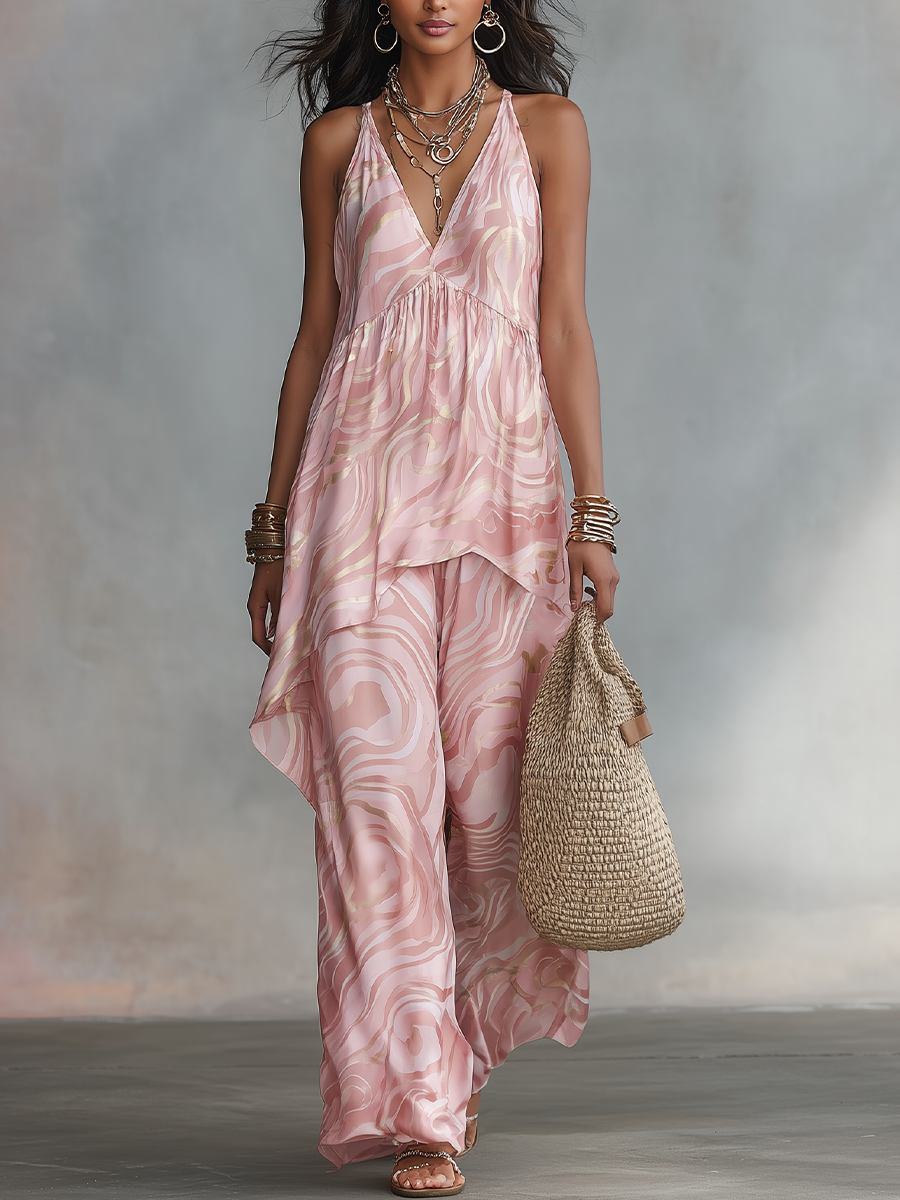 Elegant Blush Marble Print Cami Top & Wide Leg Pants Set