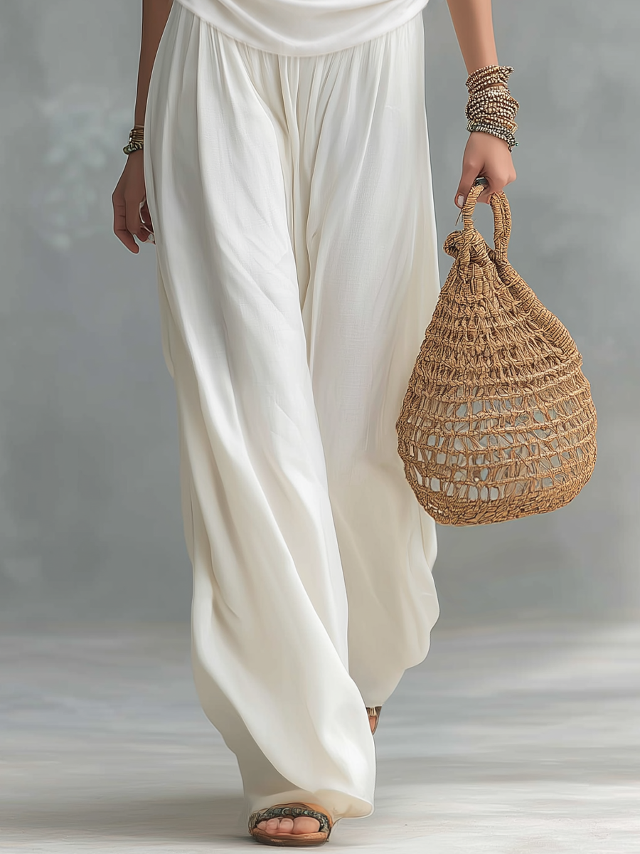 Elegant Ivory Cowl Neck Top & Wide Leg Pants Set