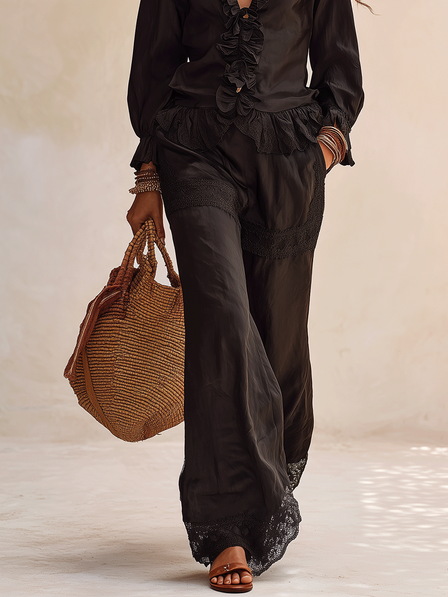 Bohemian Pure Cotton Black Ruffles Two-Piece Set